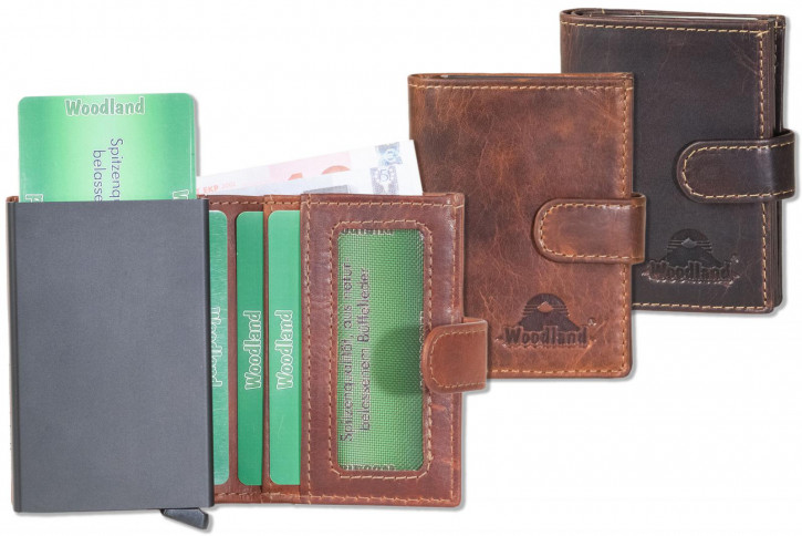 Woodland® FLIP-OUT Automatik-Geldbörse mit RFID/NFC-Blocker Schutz für 10 Kreditkarten aus Rindsleder in Cognac/Multicolor