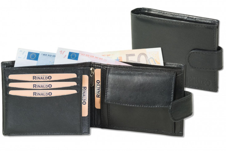 Rinaldo® Querformat-Geldbörse mit Außenriegel RFID/NFC-Blocker Glattes Rindsleder Schwarz