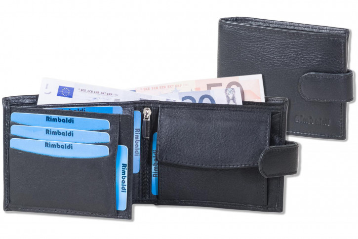 Rimbaldi® Querformat-Geldbörse mit Außenriegel RFID-Blocker Hochwertiges Rind-Nappaleder Schwarz