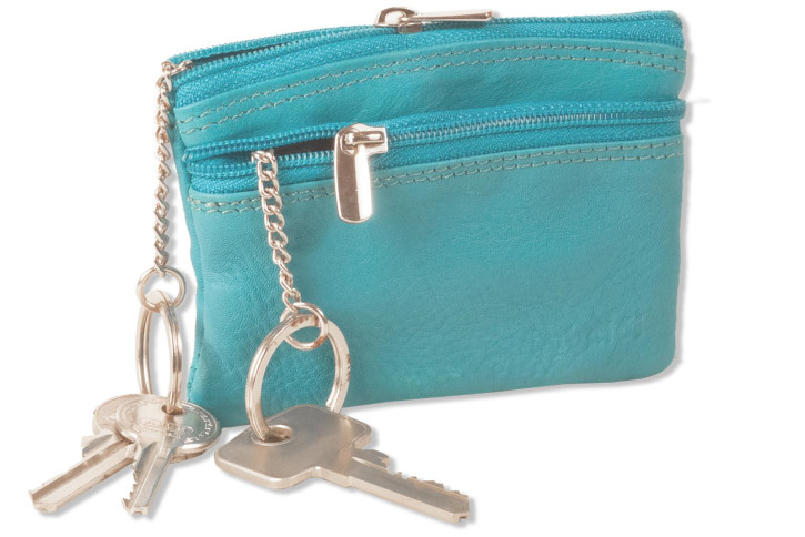 Rimbaldi® Doppel-Schlüsseltasche mit großem Extrafach mit 2 Schlüsselketten für den Autoschlüssel aus weichem, naturbelassenem Rindsleder in Blau