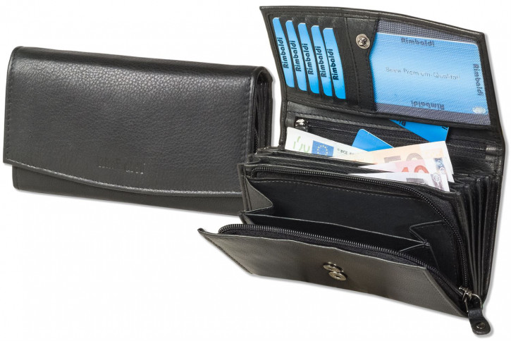 Rimbaldi® Große Damengeldbörse mit RFID/NFC-Blocker Schutz, vielen Fächern und aus naturbelassenem Rindsleder in Schwarz
