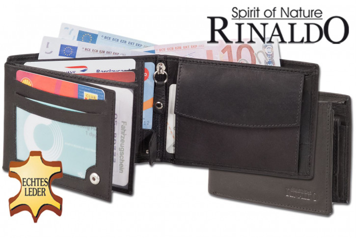 Rinaldo® Riegelgeldbörse mit unterteiltsem Münzfach und RFID/NFC Ausleseschutz aus glattem, naturbelassenem Rindsleder in Schwarz