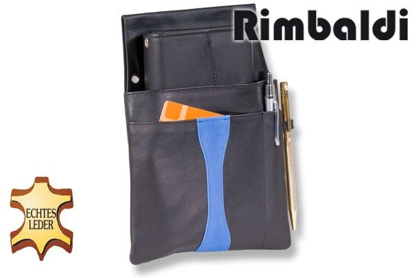 Rimbaldi® Design Kellnerbörse komplett mit Holster aus weichem, naturbelassenem Rindsleder in Schwarz / Blau kombination