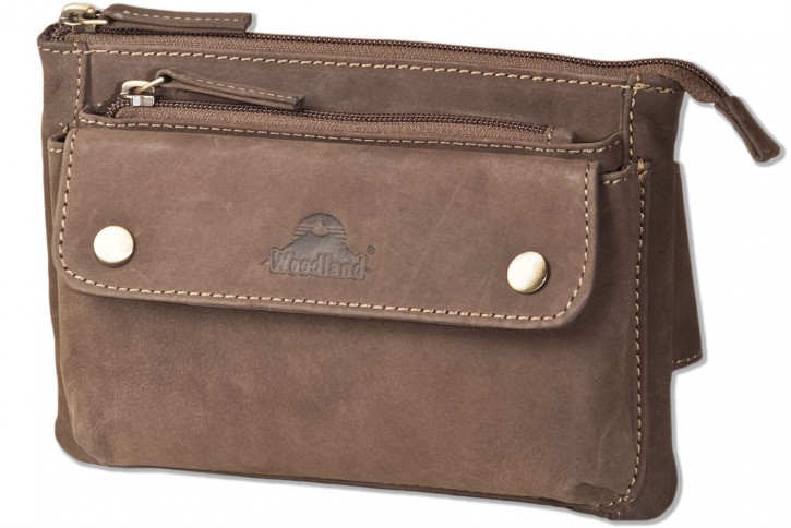 Woodland® Flache Bauchtasche mit Vortasche für ein großes Smartphone aus naturbelassenem Büffelleder in Dunkelbraun