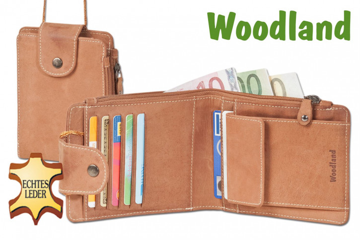Woodland® - Multibag 3 in 1: Geldbörse - Brustbeutel - Gürteltasche, alles in einem! Aus weichem, naturbelassenem Büffelleder in Cognac