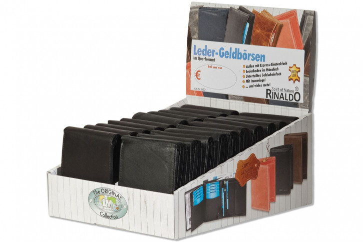 Rinaldo® Displaykarton mit 20 Riegel-Lederbörsen im Querformat mit RFID/NFC Blocker in Schwarz