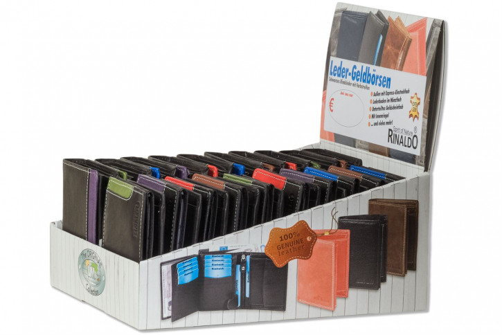 Rinaldo® Displaykarton mit 20 Design-Geldbörsen mit RFID/NFC-Blocker Schutz im Hoch- und Querformat in Schwarz