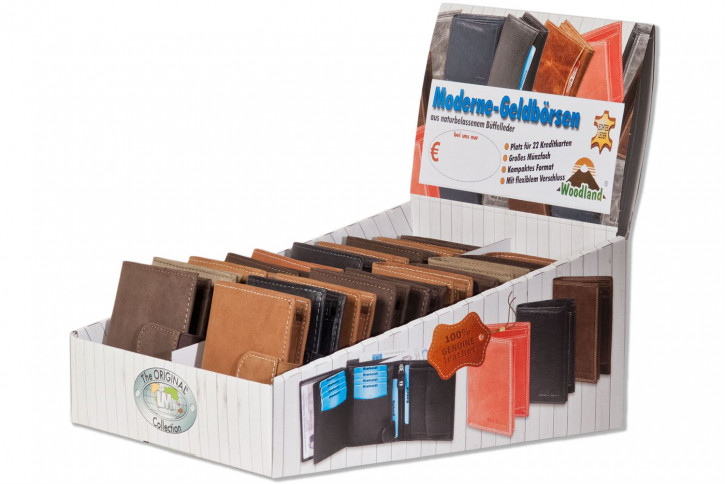 Woodland® Displaykarton mit 20 kleinen Geldbörsen mit 18 Kreditkartenfächer aus naturbelassenem Büffelleder in sortierten Farben.