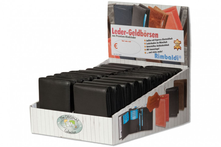 Rimbaldi® Displaykarton mit 20 Riegel-Rindslederbörsen im Hoch- und Querformat in Schwarz aus naturbelassenem Rindsleder