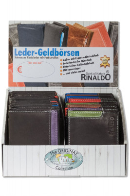 Rinaldo® Displaykarton mit 20 Design-Geldbörsen mit RFID/NFC-Blocker Schutz im Hoch- und Querformat in Schwarz
