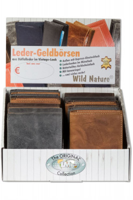 Wild Nature® Displaykarton mit 20 Riegel-Rindslederbörsen im Quer- und Hochformat in sortierten Farben aus naturbelassenem Büffelleder im Vintage-Look